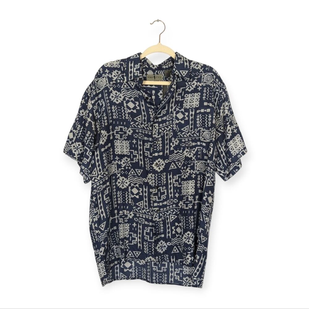 Vintage Robert Stock Shirt M Navy Tan Button Down Short Sleeve Classic